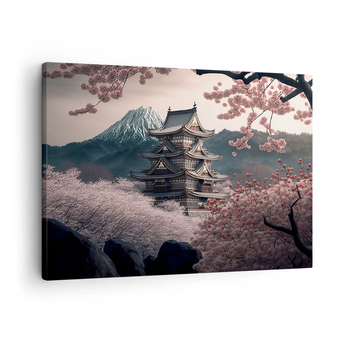 Obraz na plátne - Japonský chrám obklopený čerešňovými kvetmi a horami - 70x50cm - Krajina kvitnúcich čerešní - Moderná nástenná dekorácia do obývacej izby a spálne ARTTOR