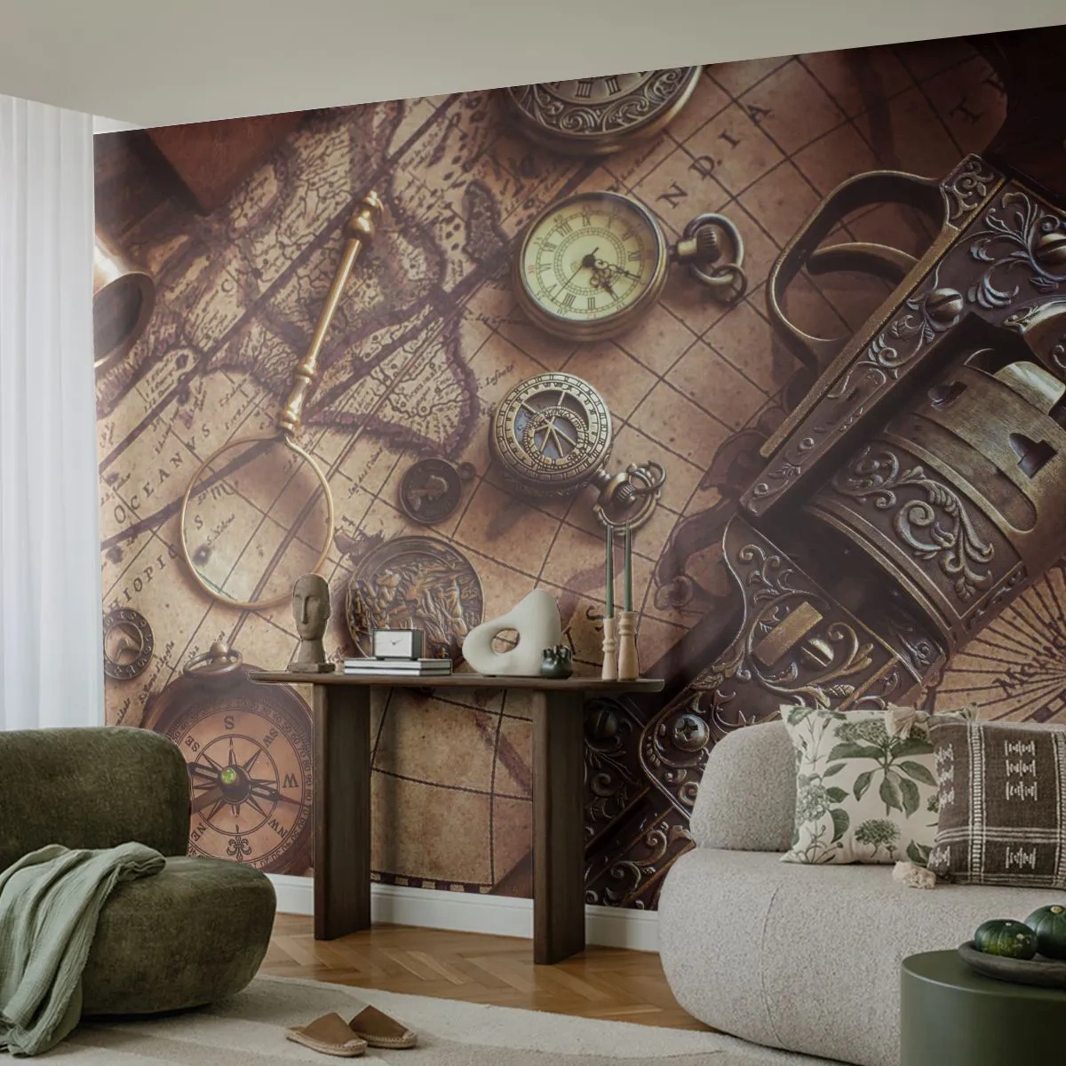 Samolepiaca Fototapeta Deluxe Sticker - Dobrodružstvo volá - Mapa sveta, Kompas, Revolver - 250x175 cm