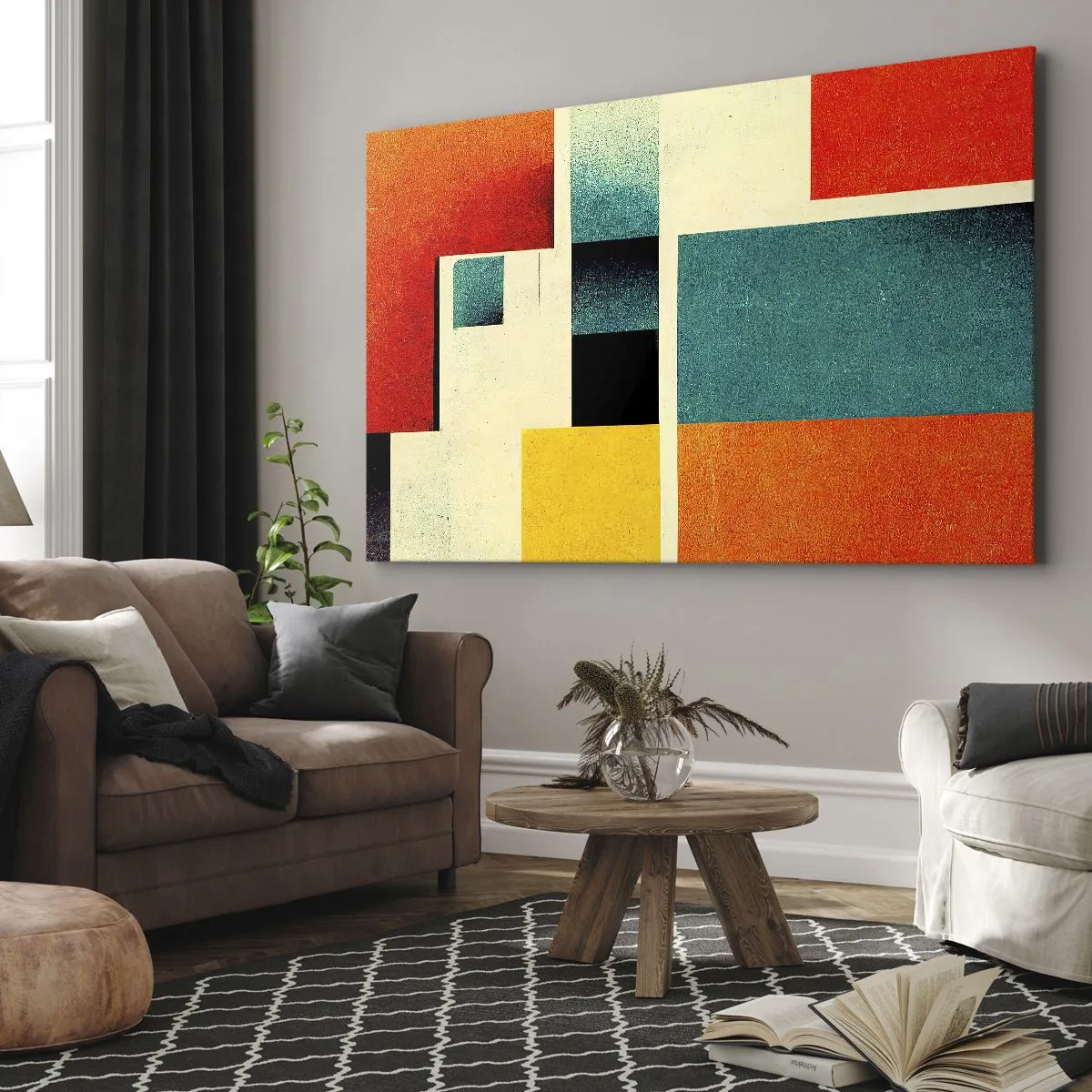 Obraz na plátne - Geometrická abstrakcia s farebnými obdĺžnikmi a štvorcami - 70x50cm - Geometrická abstrakcia – dobrá energia - Moderná nástenná dekorácia do obývacej izby a spálne ARTTOR