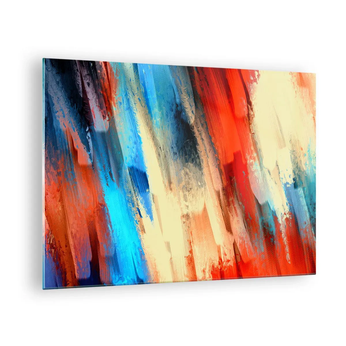 Obraz na skle - Abstraktné ťahy štetcom v odtieňoch modrej, červenej a béžovej - 70x50cm - Vodopád farieb - Moderná nástenná dekorácia do obývacej izby a spálne ARTTOR