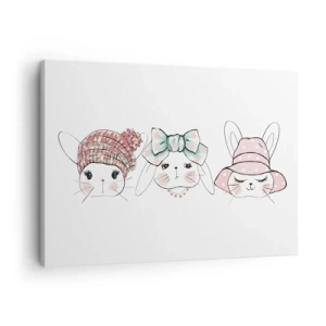 Obraz na plátne - Rozkošné zajačiky v pastelových pokrývkach hlavy - 70x50cm - Zamyslená, smutná, spokojná - Moderná nástenná dekorácia do obývacej izby a spálne ARTTOR
