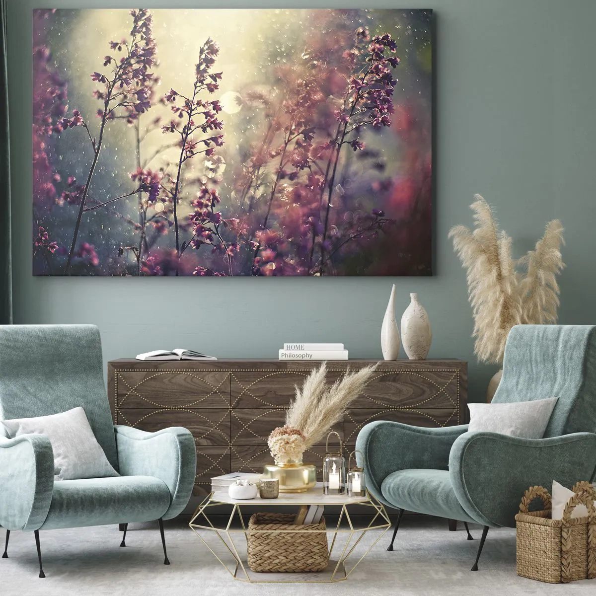 Obraz na plátne - Kvety na slnku na pozadí prírody - 70x50cm - Tajná záhrada - Moderná nástenná dekorácia do obývacej izby a spálne ARTTOR