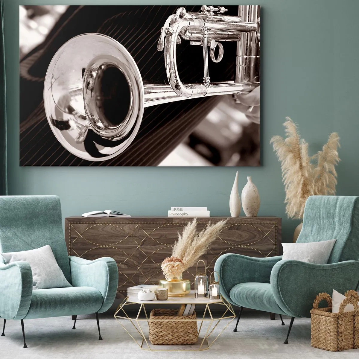 Obraz na plátne - Detailný záber striebornej trúbky na elegantnom látkovom pozadí. - 70x50cm - Hudobné cestovanie do 30. rokov - Moderná nástenná dekorácia do obývacej izby a spálne ARTTOR