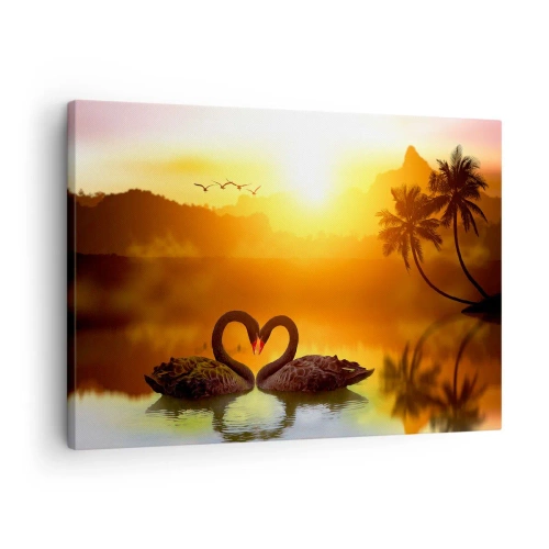 Obraz na plátne - Dve čierne labute tvoriace srdce na pozadí západu slnka nad jazerom - 70x50cm - Všetko do páru - Moderná nástenná dekorácia do obývacej izby a spálne ARTTOR