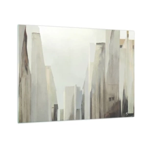 Obraz na skle - Abstraktná vízia mestských budov v tlmenej palete farieb - 70x50cm - Sen o meste - Moderná nástenná dekorácia do obývacej izby a spálne ARTTOR