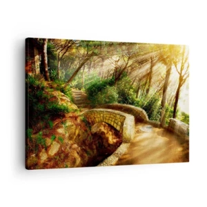Obraz na plátne - Lesná krajina so slnečnými lúčmi a kamenným mostom - 70x50cm - Priamo z mostíka v rozprávkovom lese - Moderná nástenná dekorácia do obývacej izby a spálne ARTTOR