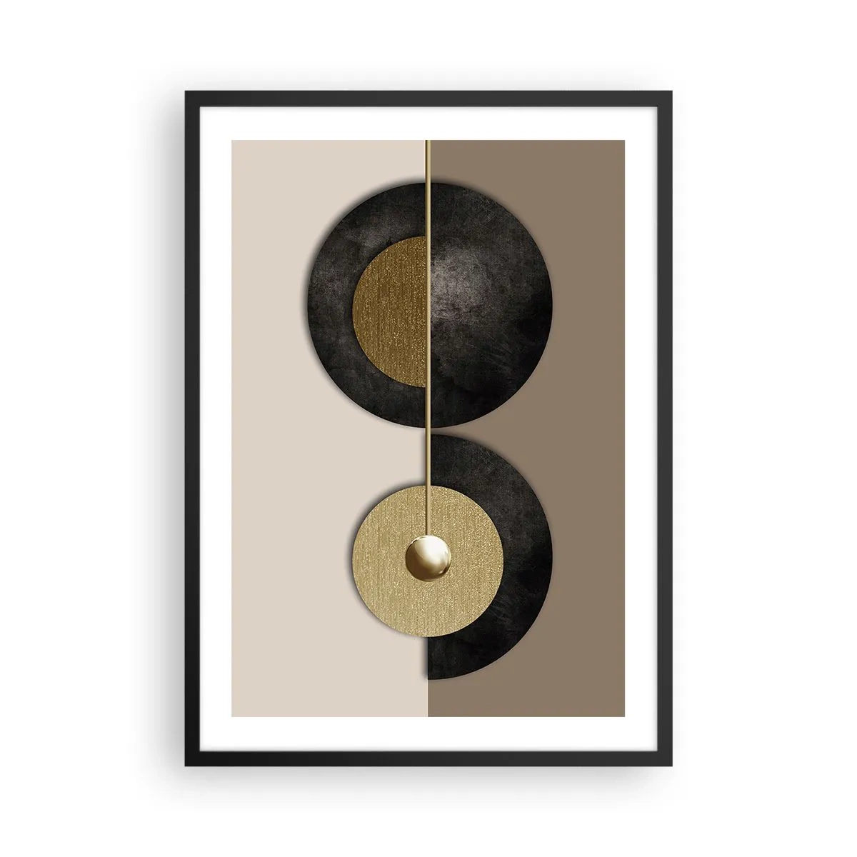 Plagát v čiernom ráme - Moderná abstrakcia s geometrickými zlatými akcentmi - 50x70cm - Variácie okolo kruhu - Moderná nástenná dekorácia do obývacej izby a spálne ARTTOR