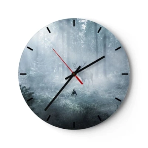 Nástenné hodiny - Jeleň stojaci v hmle uprostred vysokého lesného hája - 30x30cm - Ranná obchôdzka sídliska - Moderná nástenná dekorácia do obývacej izby, kuchyne a spálne ARTTOR