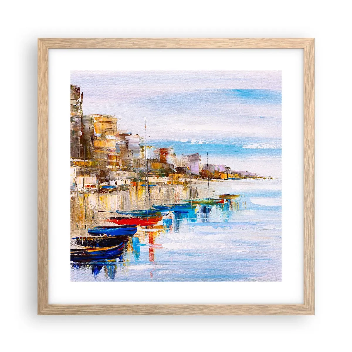 Plagát v ráme zo svetlého duba - Viacfarebný mestský prístav - 40x40 cm