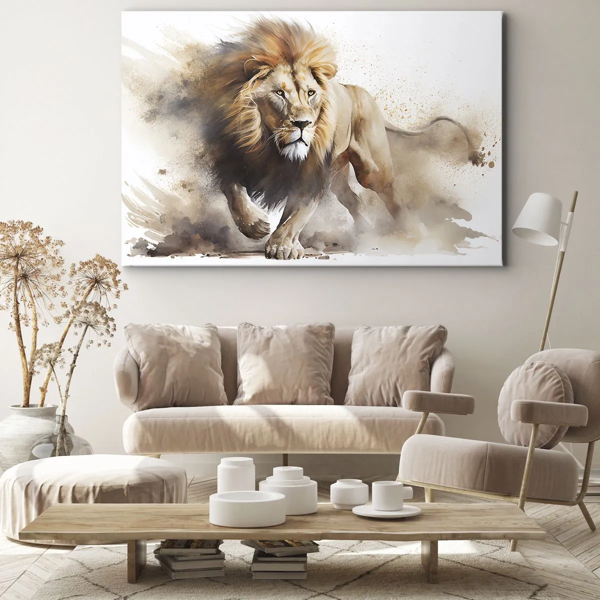 Obraz na plátne - Dynamický portrét leva v prirodzených farbách. - 70x50cm - Kráľ sa pohol - Moderná nástenná dekorácia do obývacej izby a spálne ARTTOR
