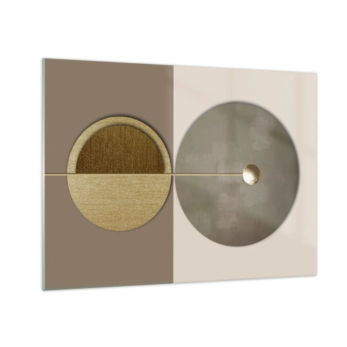 Obraz na skle - Zlaté kruhy a čiary v harmonickej kompozícii - 70x50cm - Dokonalá rovnováha - Moderná nástenná dekorácia do obývacej izby a spálne ARTTOR
