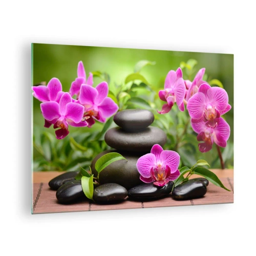 Obraz na skle - Ružové orchidey a čierne kamene v pokojnom prostredí - 70x50cm - Pyramída pokoja - Moderná nástenná dekorácia do obývacej izby a spálne ARTTOR
