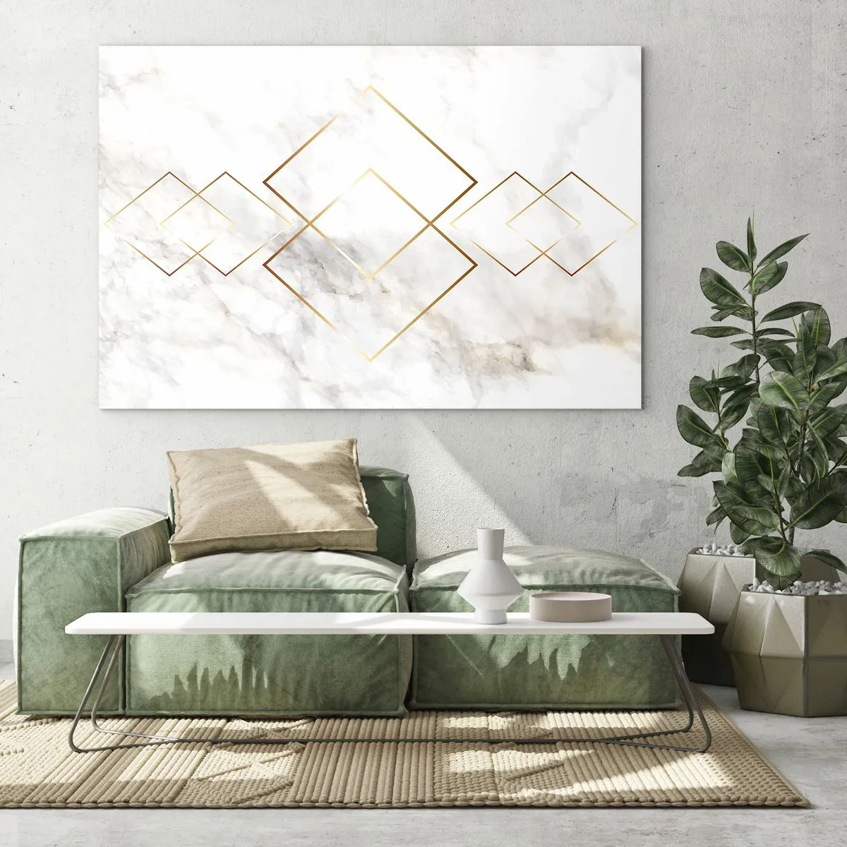 Obraz na skle - Geometrické zlaté kosoštvorce na bielom mramorovom pozadí - 70x50cm - Pohľad na nekonečno - Moderná nástenná dekorácia do obývacej izby a spálne ARTTOR