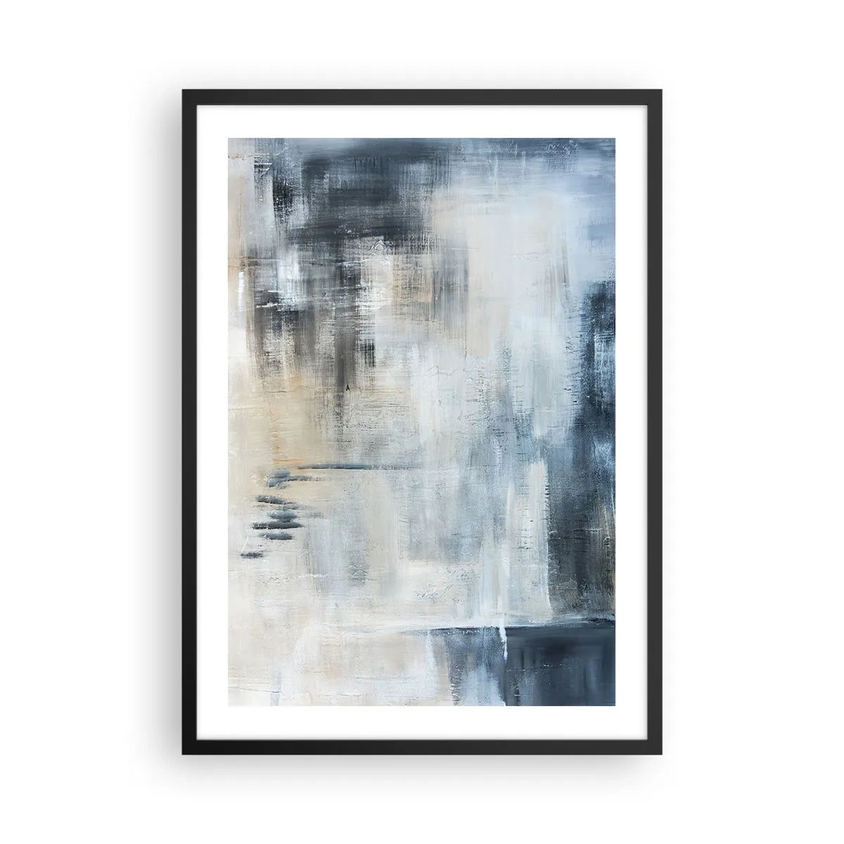 Plagát v čiernom ráme - Abstraktná kompozícia v odtieňoch modrej a béžovej - 50x70cm - Za závojom modrej - Moderná nástenná dekorácia do obývacej izby a spálne ARTTOR