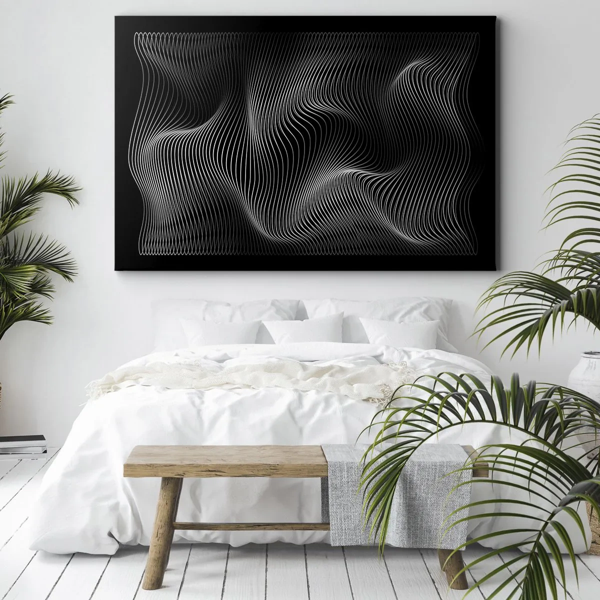 Obraz na plátne - Abstraktné biele čiary na čiernom pozadí - 70x50cm - Tanec svetla v priestore - Moderná nástenná dekorácia do obývacej izby a spálne ARTTOR