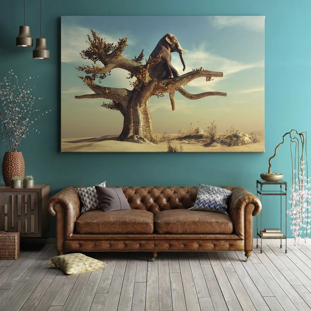Obraz na plátne - Slon sediaci na strome v surrealistickej krajine - 70x50cm - Nový uhol pohľadu - Moderná nástenná dekorácia do obývacej izby a spálne ARTTOR
