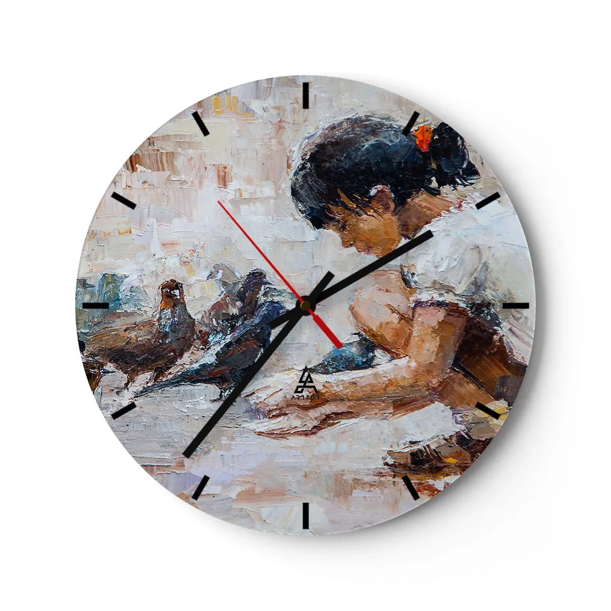 Nástenné hodiny - Dievča kŕmi holuby na maľovanom pozadí - 30x30cm - Maličkí a najmilší - Moderná nástenná dekorácia do obývacej izby, kuchyne a spálne ARTTOR