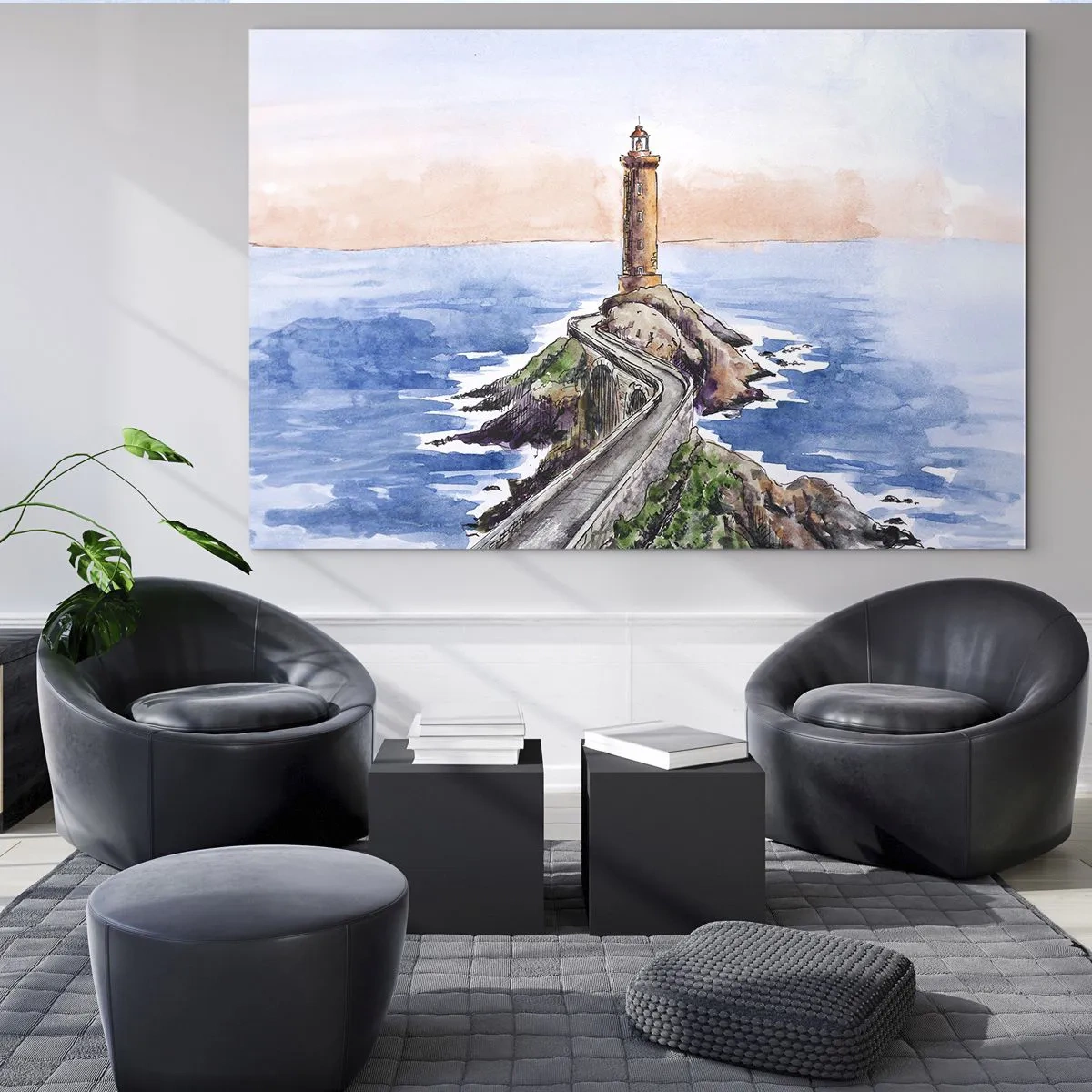 Obraz na skle - Maják na skalnatom výbežku obklopený pokojným morom - 70x50cm - Tvárou v tvár moru - Moderná nástenná dekorácia do obývacej izby a spálne ARTTOR