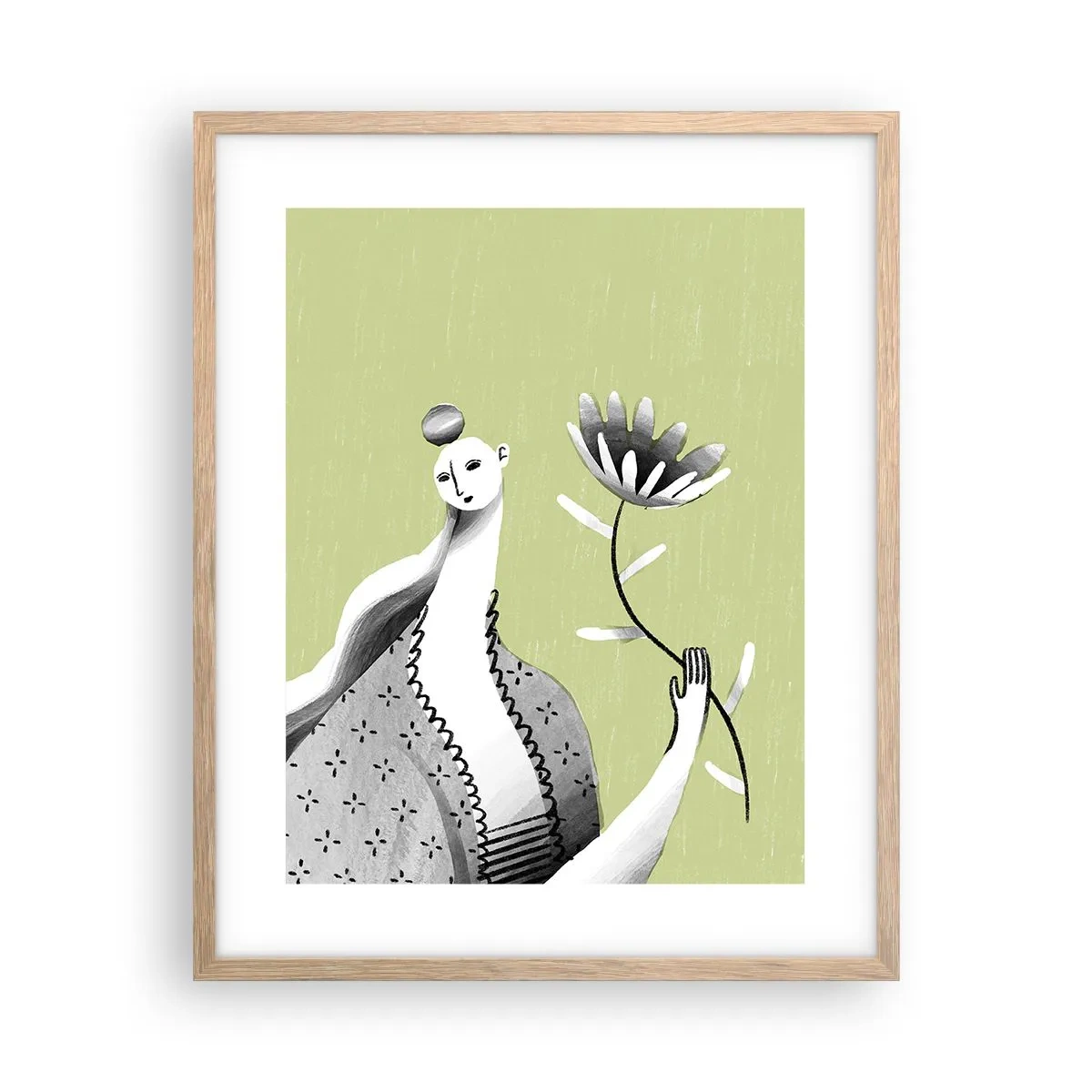 Plagát v ráme zo svetlého duba - Modernistický portrét – držiaci kvet - 40x50 cm