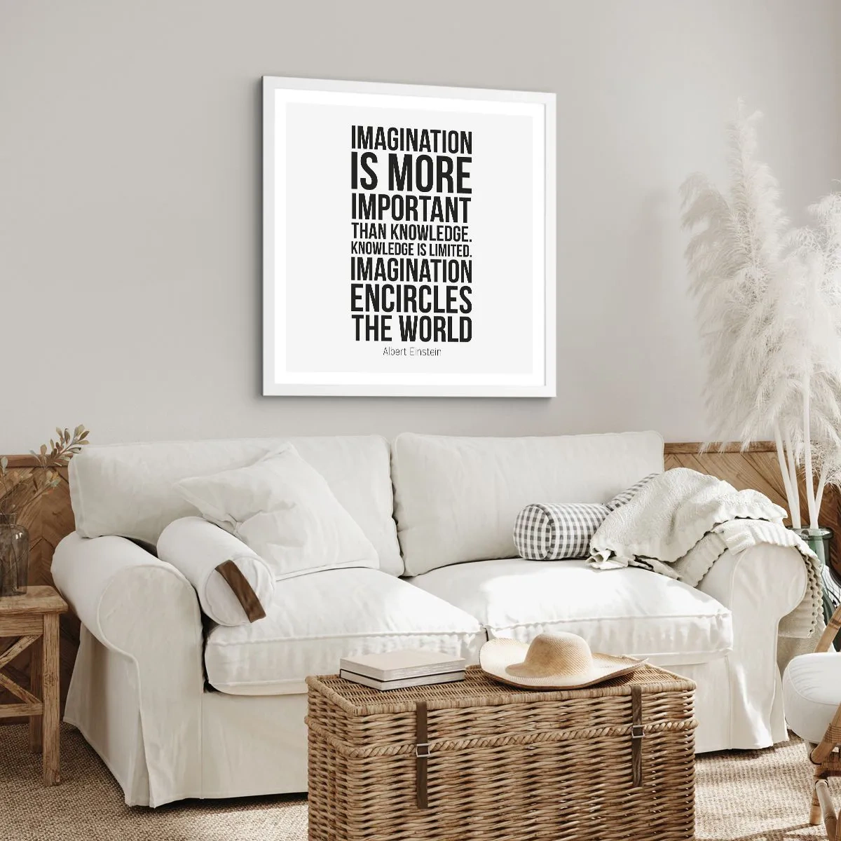 Plagát v bielom ráme - Einstein o sile predstavivosti - 50x50 cm