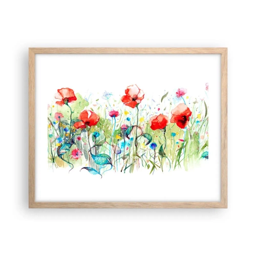 Plagát v ráme zo svetlého duba - Kvitnúca lúka v máji - 50x40 cm