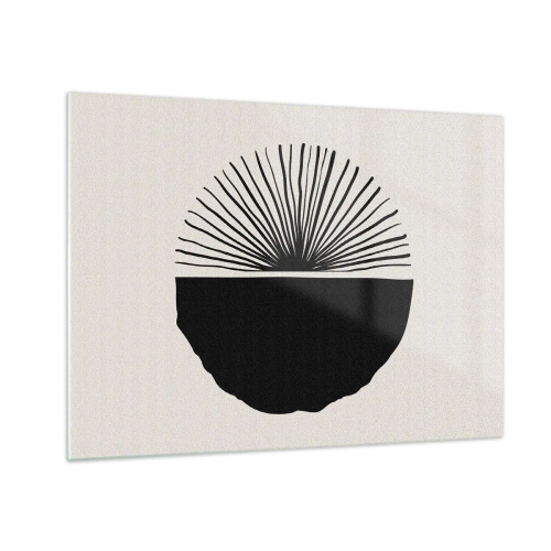 Obraz na skle - Čierny geometrický tvar s vejárom čiar na krémovom pozadí. - 70x50cm - Viac možností - Moderná nástenná dekorácia do obývacej izby a spálne ARTTOR