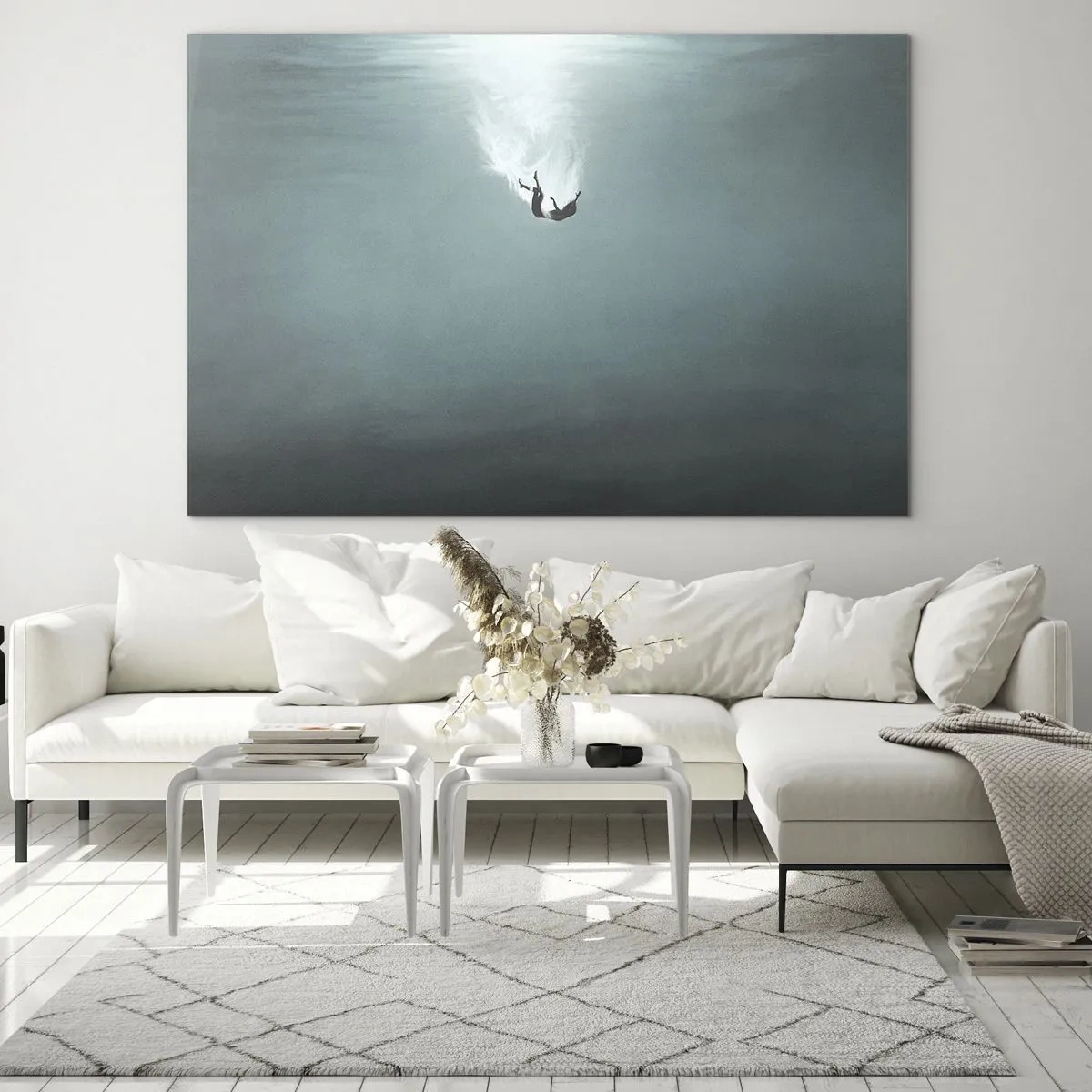 Obraz na skle - Silueta muža ponoreného v modrých hlbinách oceánu - 70x50cm - V objatí oceánu - Moderná nástenná dekorácia do obývacej izby a spálne ARTTOR