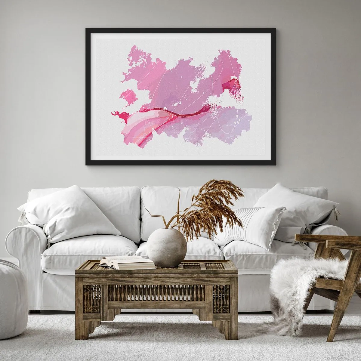 Plagát v čiernom ráme - Mapa ružového sveta - 100x70 cm