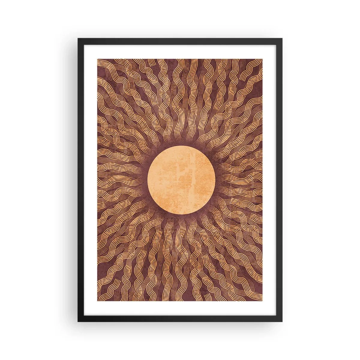 Plagát v čiernom ráme - Štylizované slnko s lúčmi v odtieňoch zlatej a hnedej - 50x70cm - Ikona slnka - Moderná nástenná dekorácia do obývacej izby a spálne ARTTOR