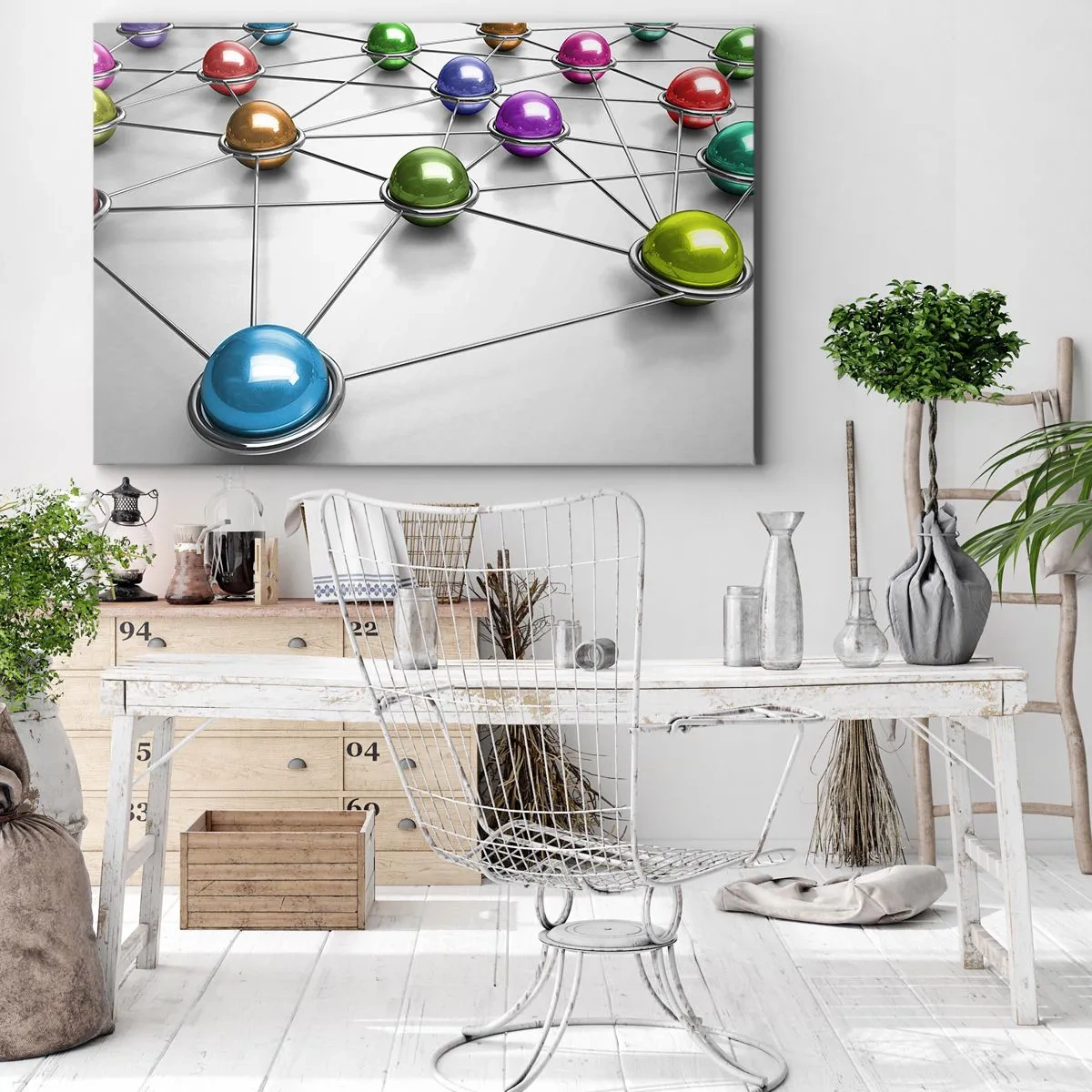 Obraz na plátne - Farebné guľôčky spojené tenkými čiarami na bielom pozadí - 70x50cm - Vesmírna pavučina - Moderná nástenná dekorácia do obývacej izby a spálne ARTTOR