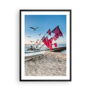 Plagát v čiernom ráme - Rybársky čln s červenými vlajkami na pláži - 50x70cm - Zaslúžená prestávka - Moderná nástenná dekorácia do obývacej izby a spálne ARTTOR