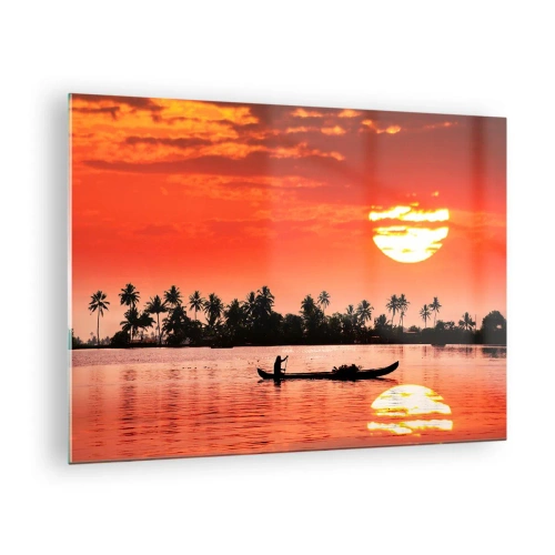 Obraz na skle - Západ slnka nad riekou s palmami a loďou - 70x50cm - Pokoj trópov pri západe - Moderná nástenná dekorácia do obývacej izby a spálne ARTTOR