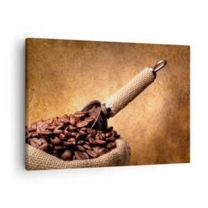Obraz na plátne - Kávové zrná v jutovom vrecku s kovovou lyžičkou - 70x50cm - Pri zdroji chuti - Moderná nástenná dekorácia do obývacej izby a spálne ARTTOR