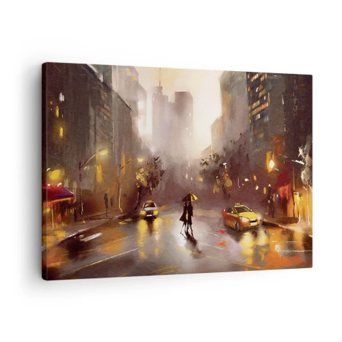 Obraz na plátne - Mestská scenéria v noci vo svetle pouličných lámp a odrazov na mokrej ulici. - 70x50cm - Vo svetlách New Yorku - Moderná nástenná dekorácia do obývacej izby a spálne ARTTOR