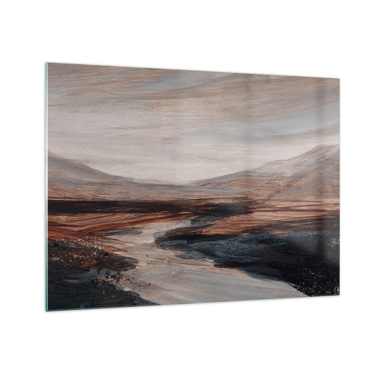 Obraz na skle - Malebné údolie s riekou v odtieňoch hnedej a modrej - 70x50cm -  Pokojné údolie - Moderná nástenná dekorácia do obývacej izby a spálne ARTTOR