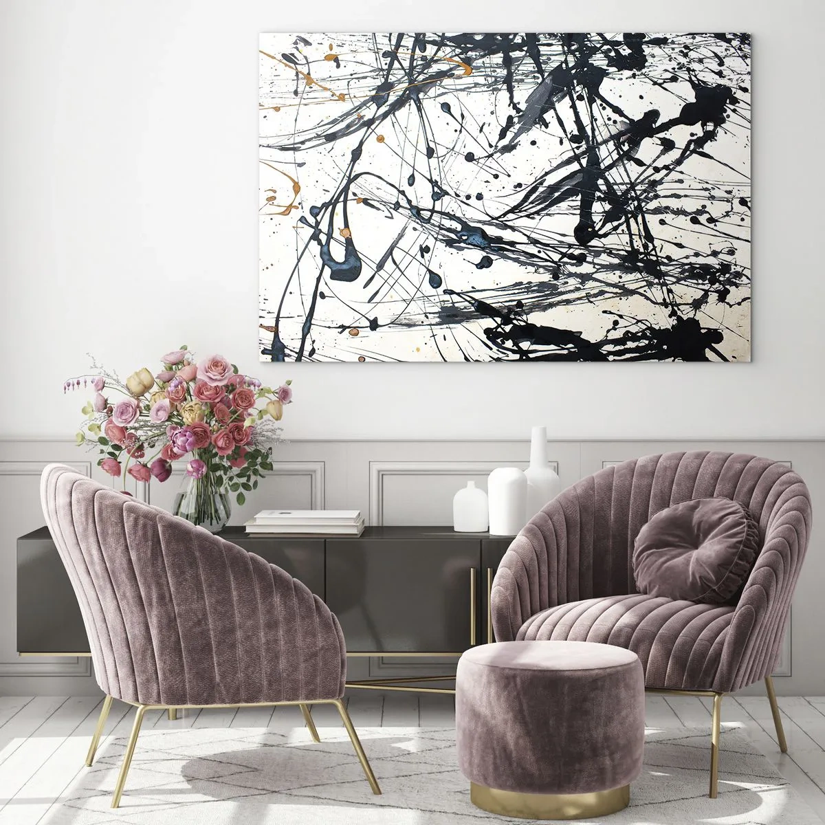 Obraz na skle - Dynamické striekance farby na bielom pozadí - 70x50cm - Expresionistická abstrakcia - Moderná nástenná dekorácia do obývacej izby a spálne ARTTOR