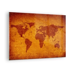 Obraz na skle - Mapa sveta v teplých, sépiových farbách - 70x50cm - Pozvánka na cestovanie - Moderná nástenná dekorácia do obývacej izby a spálne ARTTOR
