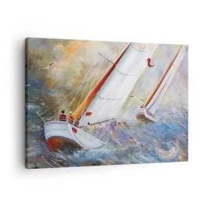 Obraz na plátne - Plachetnice na rozbúrených vlnách v dynamickej kompozícii - 70x50cm - Bežiace cez vlny - Moderná nástenná dekorácia do obývacej izby a spálne ARTTOR