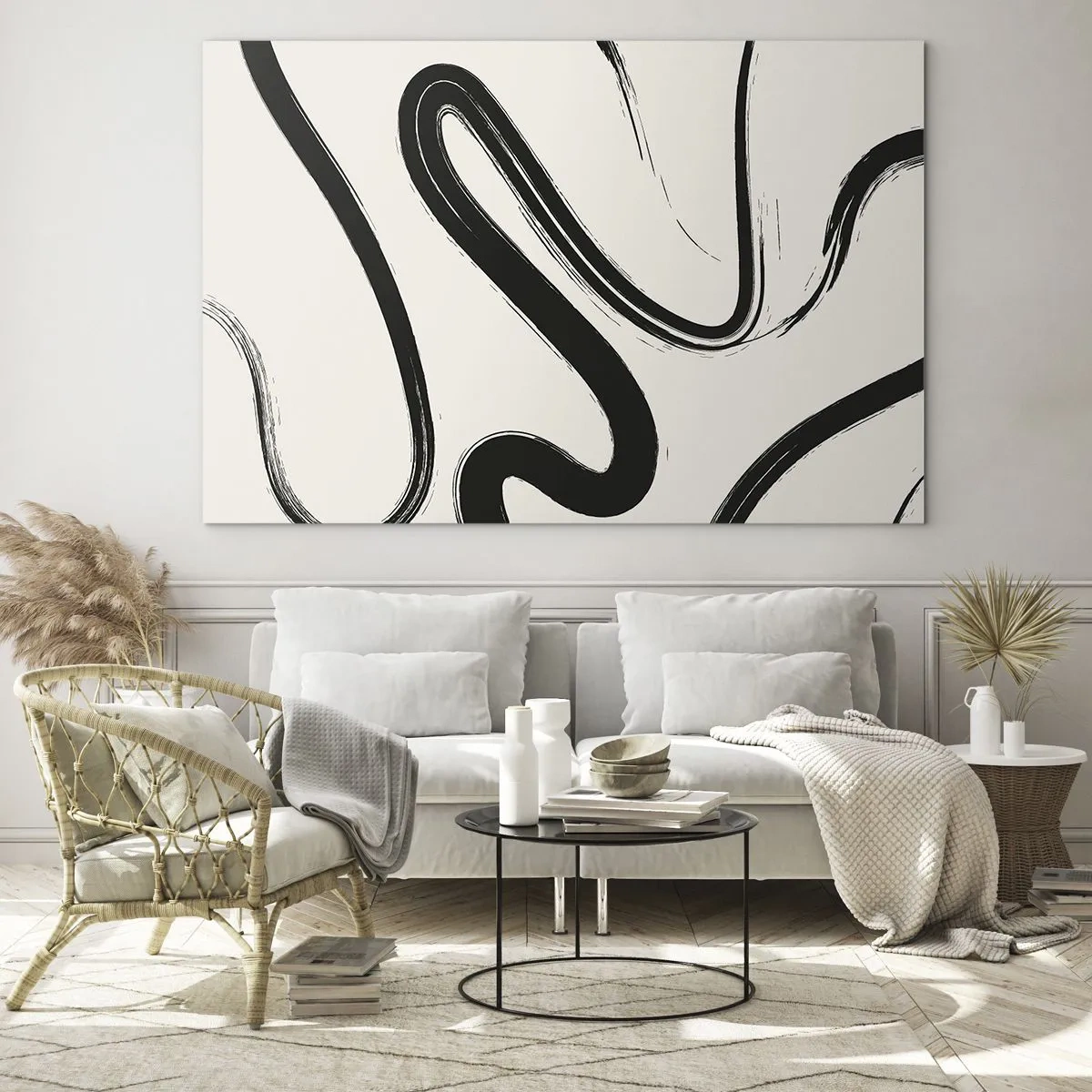 Obraz na skle - Dynamické čierne čiary na svetlom pozadí v abstraktnom štýle. - 70x50cm - Čiernobiely rozmar - Moderná nástenná dekorácia do obývacej izby a spálne ARTTOR
