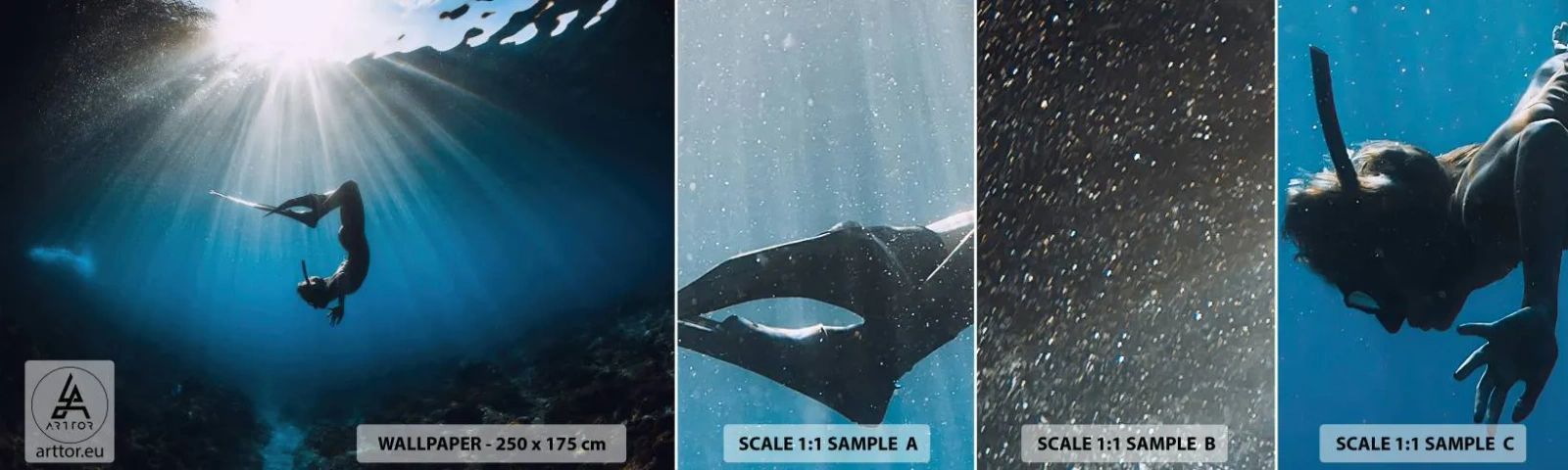 Vzorka samolepiacej fototapety Deluxe Sticker - Podvodný tanec - Podvodná jaskyňa, Lúče slnka, Potápanie - 100x30 cm