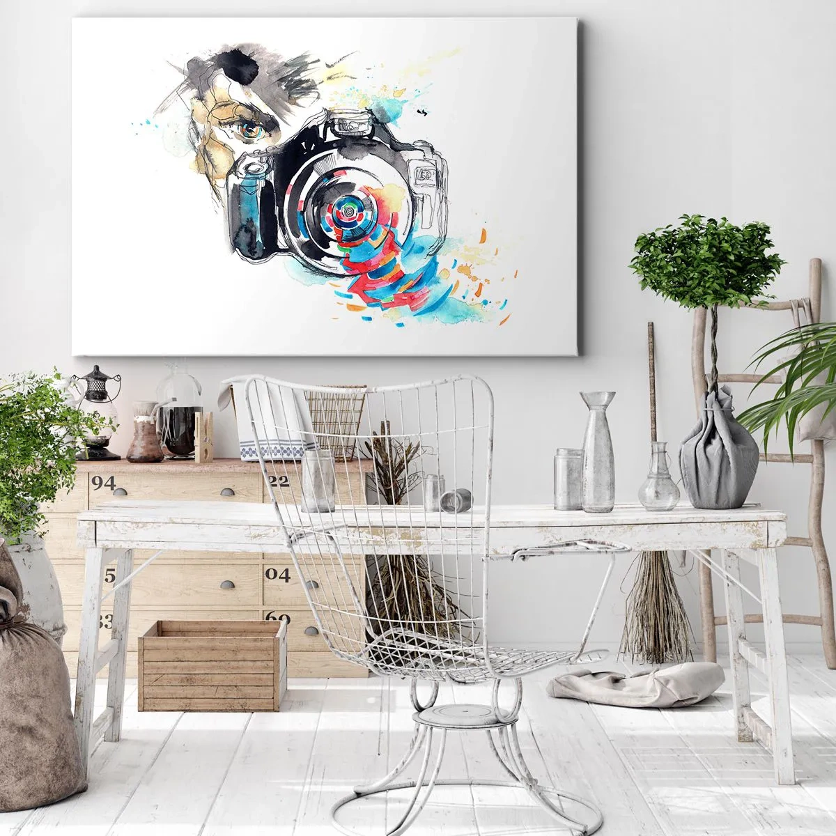 Obraz na plátne - Akvarelová kamera s farebnými detailmi - 70x50cm - Okom objektívu - Moderná nástenná dekorácia do obývacej izby a spálne ARTTOR