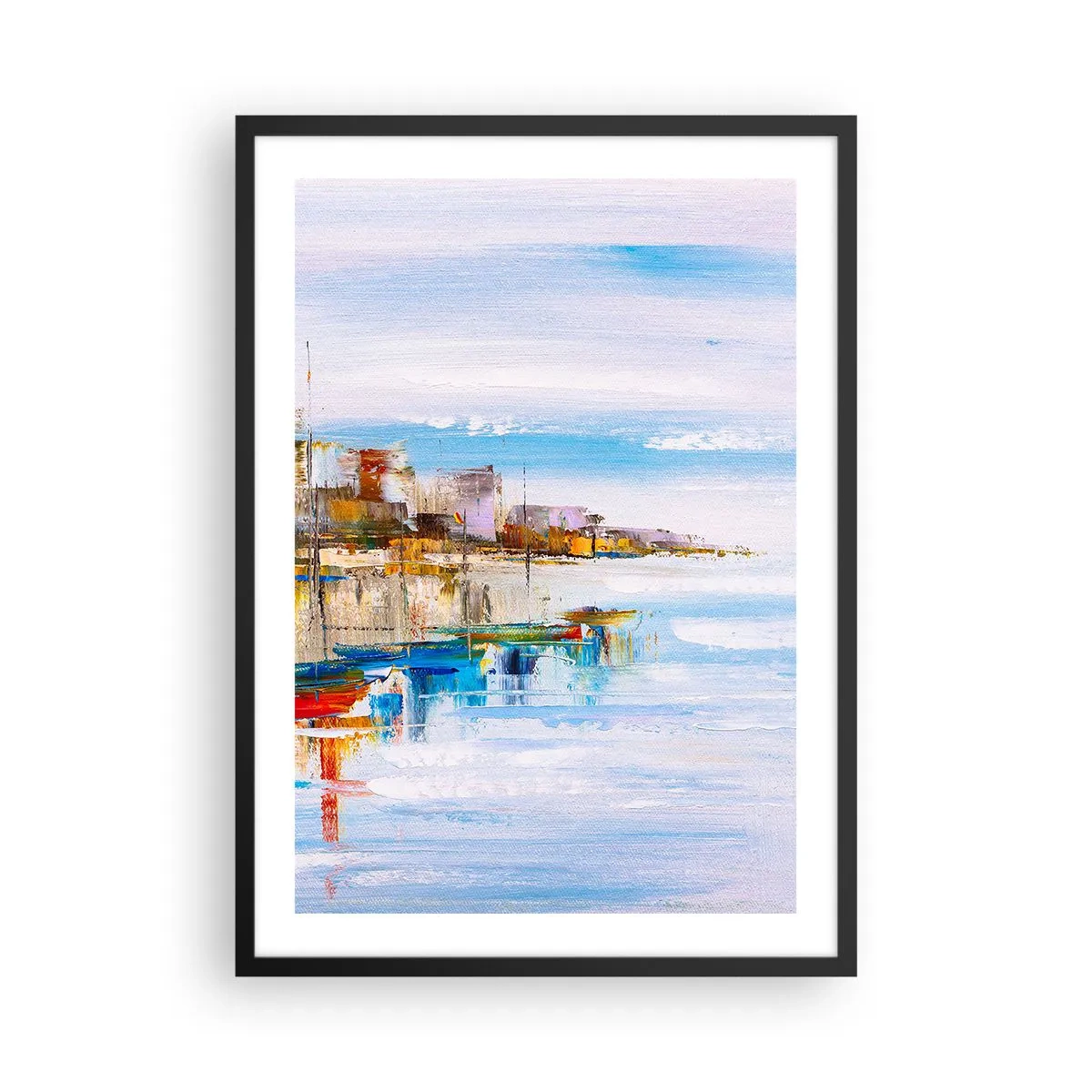 Plagát v čiernom ráme - Farebná krajina prímorského mestečka - 50x70cm - Viacfarebný mestský prístav - Moderná nástenná dekorácia do obývacej izby a spálne ARTTOR
