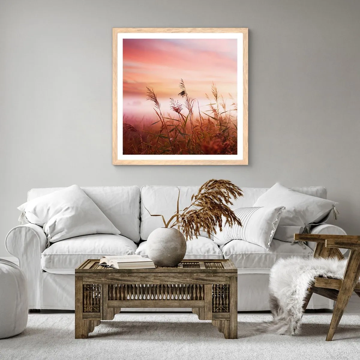 Plagát v ráme zo svetlého duba - Draci, púpavy a vietor - 50x50 cm