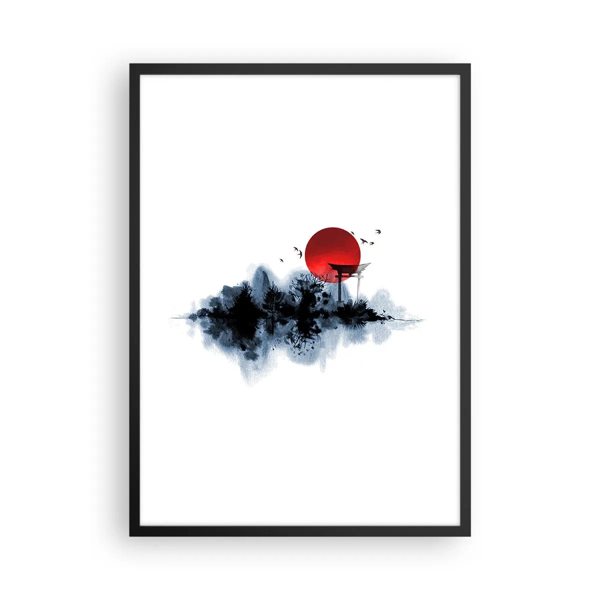 Plagát v čiernom ráme - Červený slnečný kotúč nad japonskou bránou Torii - 50x70cm - Japonský pohľad - Moderná nástenná dekorácia do obývacej izby a spálne ARTTOR
