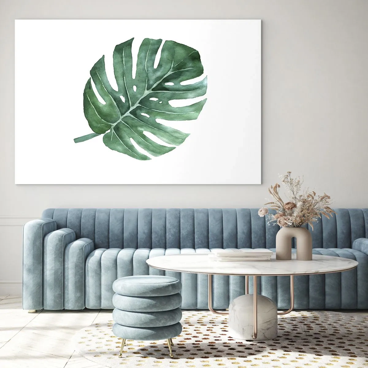 Obraz na skle - Zelený list monstery na bielom pozadí - 70x50cm - Zelený koncept - Moderná nástenná dekorácia do obývacej izby a spálne ARTTOR