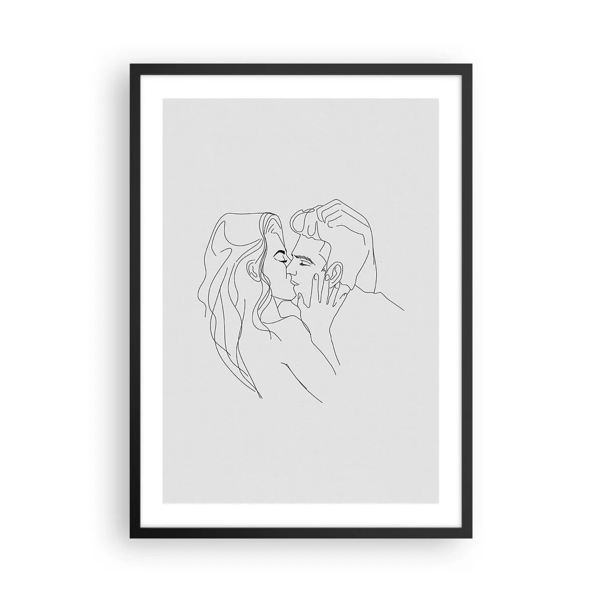 Plagát v čiernom ráme - Minimalistická karikatúra bozkávajúceho sa páru. - 50x70cm - Jedným ťahom - Moderná nástenná dekorácia do obývacej izby a spálne ARTTOR