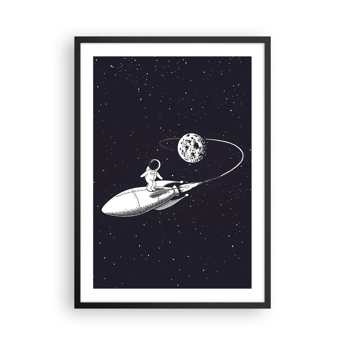 Plagát v čiernom ráme - Astronaut stojaci na rakete letiacej vo vesmíre - 50x70cm - Vesmírny surfista - Moderná nástenná dekorácia do obývacej izby a spálne ARTTOR