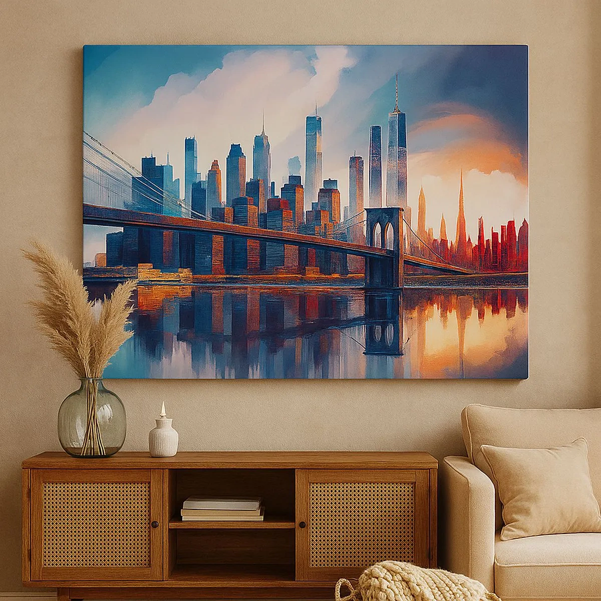 Obraz na plátne - Panoráma New Yorku s mostom a odrazom vo vode - 70x50cm - Famózny New York - Moderná nástenná dekorácia do obývacej izby a spálne ARTTOR
