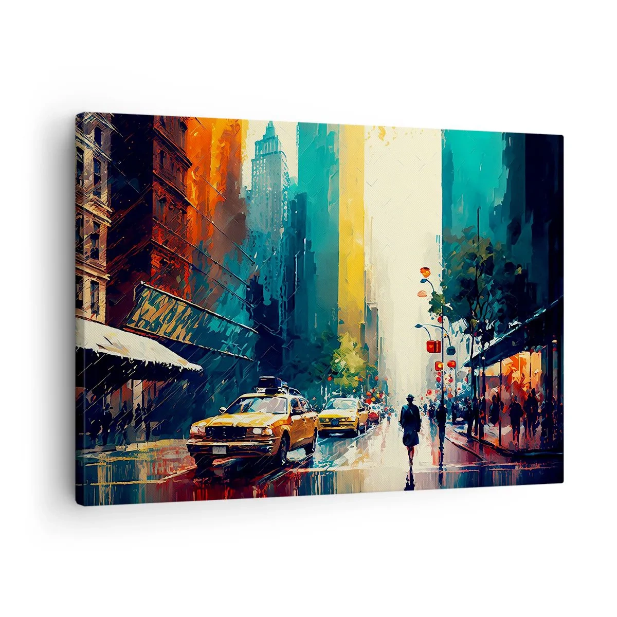 Obraz na plátne - Rušné mesto s taxíkmi a okoloidúcimi - 70x50cm - New York – tu je aj dážď farebný - Moderná nástenná dekorácia do obývacej izby a spálne ARTTOR