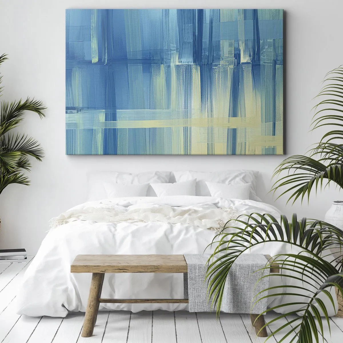 Obraz na plátne - Abstraktný obraz v odtieňoch tyrkysovej a modrej s geometrickými ťahmi štetcom. - 70x50cm - Kompozícia v tyrkyse - Moderná nástenná dekorácia do obývacej izby a spálne ARTTOR
